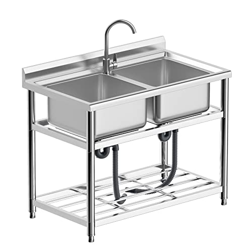 Freestanding Stainless Steel Sink, Commercial Restaurant Sink, Large Double Bowl Sink, Outdoor Sink, For Business Restaurant, Cafe, Bar, Hotel, Garage, Laundry Room, Outdoor, W43” × D25.2” × H33.5” #TOP5