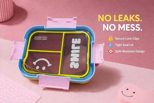 Image of Kids Bento Lunch Box with one Folding Spoon | Leakproof BPA-Free Tiffin Box for School | Cute Smile Design Food Storage Container for Boys & Girls