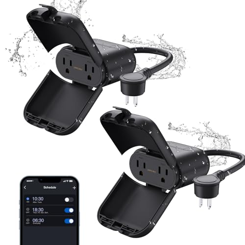 ELEGRP PQR22 Outdoor Smart Dimmer Plug Waterproof IP66, Smart WiFi Plug with 2 Individually Sockets, Compatible with Alexa &amp; Google Assistant, Outdoor Dimmer for String Lights, UL Listed, 2 Pack