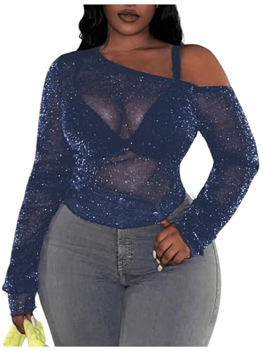 SOLY HUX Women's Plus Size T Shirts See Through Sheer Tops Off The Shoulder Long Sleeve Sexy Sparkly Tee Plain Dark Blue 2XL