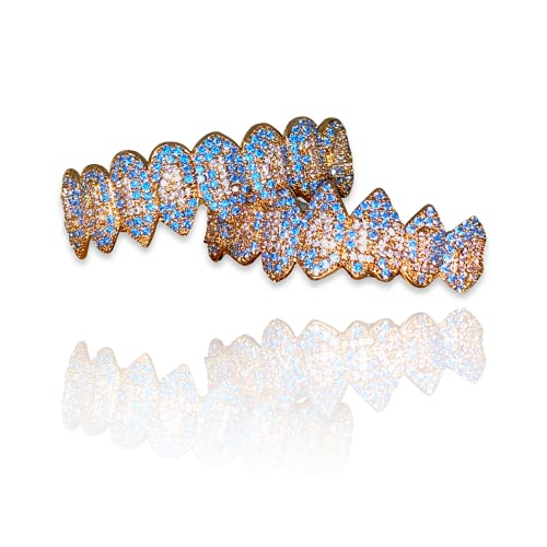 14k Shark Reed Teeth Trippy Gold and Blue Joker Gold Grillz for Mouth Top Bottom Hip Hop Teeth Grills for Teeth Mouth Grillz for Mouth Top Bottom Hip Hop 8 Teeth Grills for Teeth Mouth Set