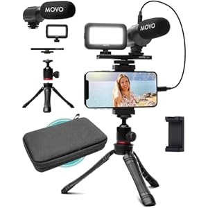 Movo iVlogger Vlogging Kit for iPhone – Lightning Compatible YouTube Starter Kit for Content Creators – Accessories: Phone Tripod, Phone Mount, LED Light and Shotgun Microphone