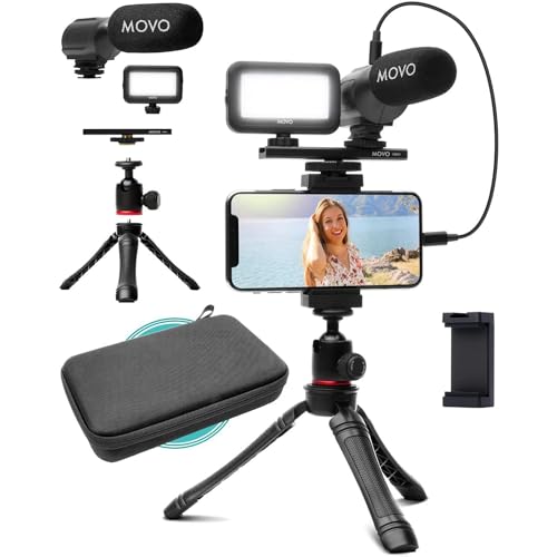 Movo iVlogger Vlogging Kit for iPhone – Lightning Compatible YouTube Starter Kit for Content Creators – Accessories: Phone Tripod, Phone Mount, LED Light and Shotgun Microphone