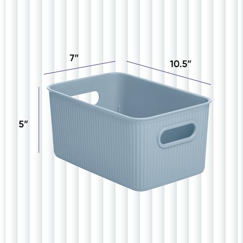 Image of Superio Ribbed Collection - Decorative Plastic Basket Open Home Storage Bins Organizer, Medium Blue (2 Pack) Container Boxes for Organizing Closet Storage Bins for Shelves Drawer Shelf 5 Liter