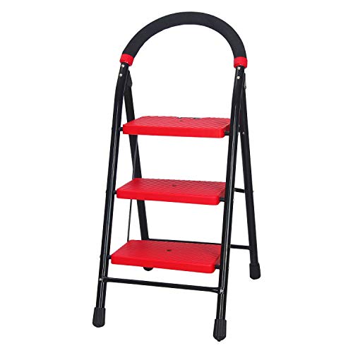 Image of CIPLA PLAST Super Milano Heavy Duty Ladder for Home Folding Ladder Premium Alloy Steel Folding 3 Step Ladder for Home, Wide Anti-Skid Steps (Black & RED) GEC-L3(SM)