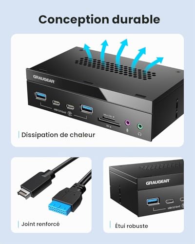 GRAUGEAR 8 interfaces [10 Gbit/s] Panneau Avant de 5,25 Pouces avec 2 Ports USB-C et 2 Ports USB-A USB 3.2 Gen2 10 Gbps, Lecteur de Carte SD et microSD, Audio I/O, Microphone, Ports Casque – vue 7