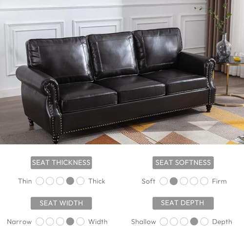Image of Kingfun Mid-Century Modern Couch, Faux Leather Sofa, 3 Seater Couch for Living Room with Rolled arms & Nailhead Trim, Black