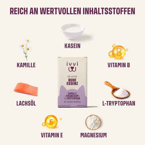 ivvi Ruhe Essenz für Katzen – Anti-Stress Schleck-Snacks mit Kamille, L-Tryptophan & Magnesium – Unterstützt Entspannung & Wohlbefinden – mit echtem Thunfisch – 30 Sticks x 15 g (450 g)