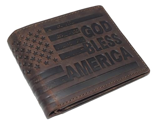 Distressed Vintage Leather Patriot American Flag Wallet -GOD BLESS AMERICA’ RFID Blocking Leather US Flag Men's Bifold Western Style Wallet (Brown)
