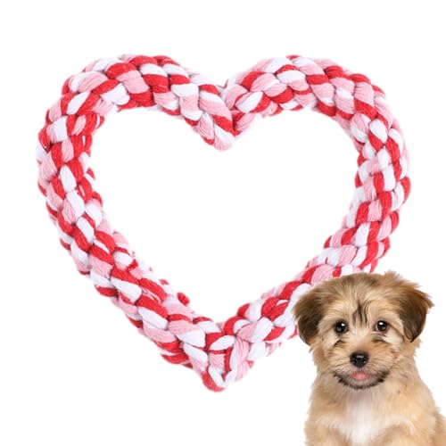 ハートロープ犬のおもちゃ - 犬用ハートシェイプロープおもちゃ、インタラクティブコットンロープタグおもちゃ|耐久性のある心臓の形をした耐久性のあるチュートイ、小犬から中程度の犬、魅力的なハート型ロープコットン犬