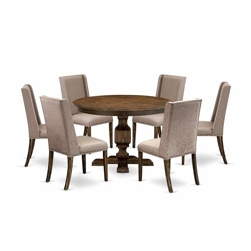 East-West-Furniture-F3FL7-716-7-Piece-Dining-Set-Consist-of-a-Round-Dining-Room-Table-with-Pedestal-and-6-Dark-Khaki-Linen-Fabric-Upholstered-Parson-Chairs-48x48-Inch-Distressed-Jacobean East West Furniture F3FL7 716 7 Piece Dining Set Consist of a Round Dining Room Table with Pedestal and 6 Dark Khaki Linen Fabric Upholstered Parson Chairs 48×48 Inch Distressed Jacobean