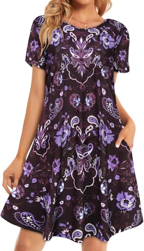 Image of Womens Summer Dresses Beach Casual Loose Tshirt Floral Short Sleeve Flowy Pockets Sundresses 2026