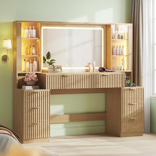 HAUOMS Big Fluted Wood Makeup Vanity Desk with Mirror