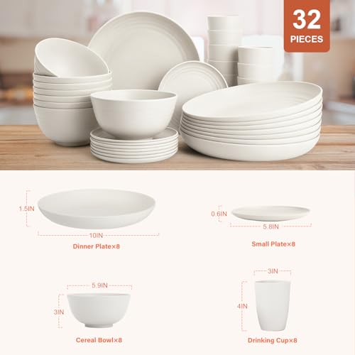 BUSOKIP Plates and Bowls Sets for 8, Unbreakable & Lightweight Wheat Straw Dinnerware Sets 32 PCS, Microwave Safe Dishes Set for 8, Dinner Plate, Kitchen Cups and Bowls for Outdoor- White by BUSOKIP - Image 2