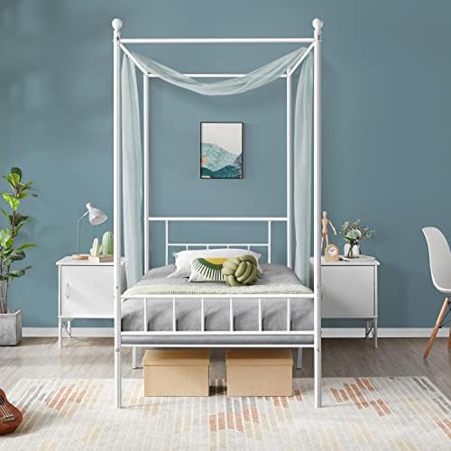 Yaheetech Metal Canopy Platform Bed Frame Four-Poster Canopied Bed Mattress Foundation with Headboard and Footboard Sturdy Slatted Structure No Box Spring Needed Easy Assembly Twin White