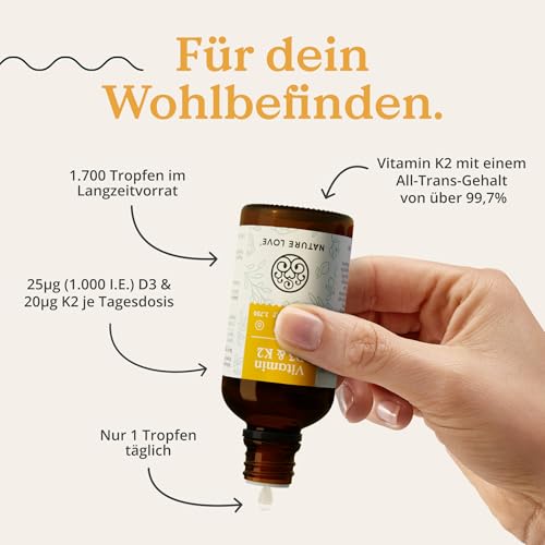 Vitamin D3 + K2 (50ml) - Hoch bioverfügbar durch Original K2VITAL® 99,7% all-trans - laborgeprüfte 1000 I.E. Vitamin D3 pro Tropfen (1700 Tropfen mit Vitamin D + Vitamin K) - in MCT-Öl - Hochdosiert