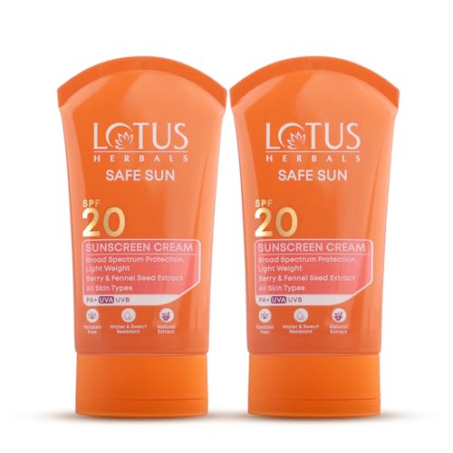 Image of Lotus Herbals Safe Sun Sunscreen Cream - Breezy Berry SPF 20 PA+| Sweat & Waterproof, Non-Greasy| Berry extract| | All skin types|50g (Pack Of 2)