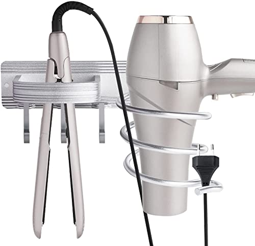 YUET Hair Dryer Holder Wall Mounted Spiral Shelf Rack Stand Hanger Straightener Organizer Storage Blow Bathroom with Four Hooks Professional Aluminum Silver