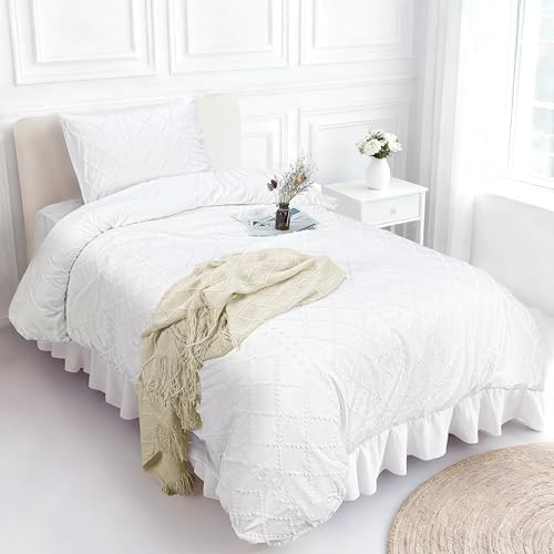 Image of Mejoroom White Boho Twin Duvet Cover - Boho Bedding - Soft and Breathable Tufted Comforter Cover with Zipper Closure, 2Pieces, 1 Duvet Cover (68 inchx90 inch) and 1 Pillow case(20 inchx26 inch)