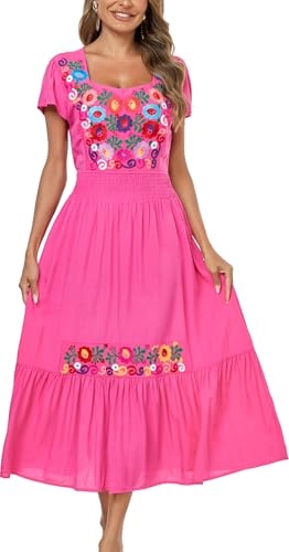 Image of Women's Summer Maxi Dress Casual Floral Embroidered Round Neck Short Sleeve Ruffle Tiered Dress Flowy Boho Beach Sundress