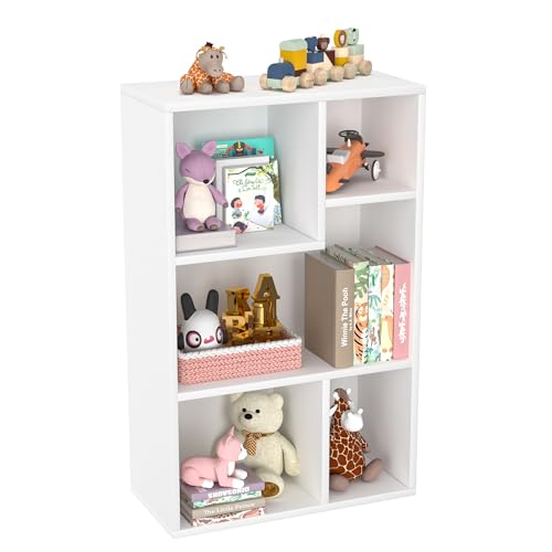 Image of VECELO 31 Inch High Modern Kids Bookcase, 3-Tier Wide Bookshelves, 5 Cube Storage Organizer with Anti-tip Kit, Different Height Open Storage Fits Tallest Hardcovers, Easy to Install,White