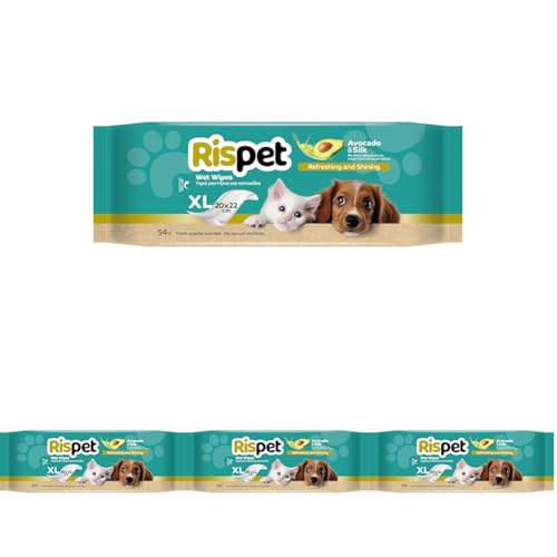 Rispet Hygienische und reinigende Tücher XL, Avocado und Seide, für das Fell von Hunden, Katzen und Haustieren, 54 Tücher (Packung mit 4)