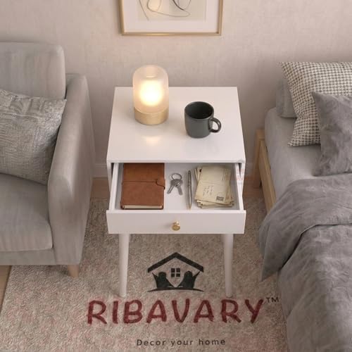 Image of Modern Bedside Table Nightstand with Solid Wood Legs, Practical End Side Table with Drawer Storage for Small Spaces Wooden Bedside Table, Coffee Table, Living Room /Bedroom (White)