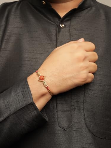 Image of Sukkhi Rakhi Classic Gold Plated with AD Stones & Pearls Rudraksha Rakshabandhan Combo Rakhi for Brother with Roli Chawal & Greeting Card|Set of 5|CBRAK107451