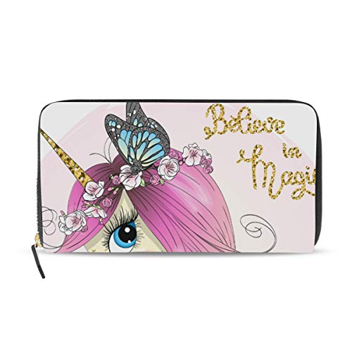 Portefeuille long en cuir pour femme motif licorne grand porte-monnaie avec fentes cartes