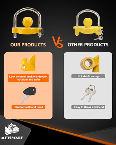 METOWARE Trailer Coupler Lock Universal Adjustable Heavy-Duty Steel Trailer Hitch Lock, Anti Theft Trailer Ball Lock Towing Lock for Towing Trailer Security Fits 1-7/8",2”, 2-5/16" Coupler Yellow