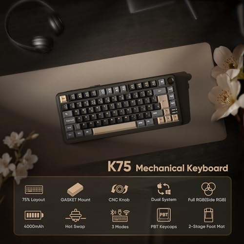 RedThunder K75 75% Wireless Mechanical Gaming Keyboard,Creamy Gasket-Mounted,Volume Knob,UK Layout 81 Keys,2.4G/BT/USB-C,RGB Underglow Lighting,Hot swappable Fast Apricot Switch for PC Mac（Black Gold）
