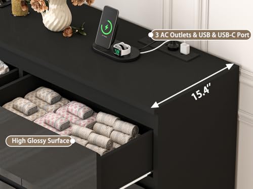 Image of JassmiPkwy 70 INCH 9 Drawers Dresser with Power Outlet, Wide High Gloss Chest of Drawers Large, Modern Storage Drawer Dresser for Bedroom, Black