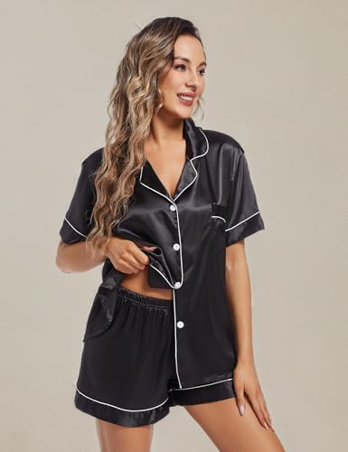 Image of Fivali Women Silk Satin Pajamas Set: Soft Short Sleeve 2 piece Pjs Ladies Button-down Pj Sets Silky Women's Sleepwear