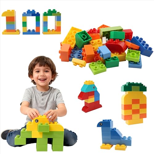 PUZSNAP Large Building Blocks Set 100 Pieces for Preschool Activities STEM Toys with Assorted Colors and Sizes for Kids Ages 3+