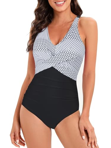 Century Star Badeanzug Damen Bauchweg Damen Große Größe Badeanzug Push Up Badeanzüge mit Bügel Badeanzüge für Frauen Weißer Punkt 42-44