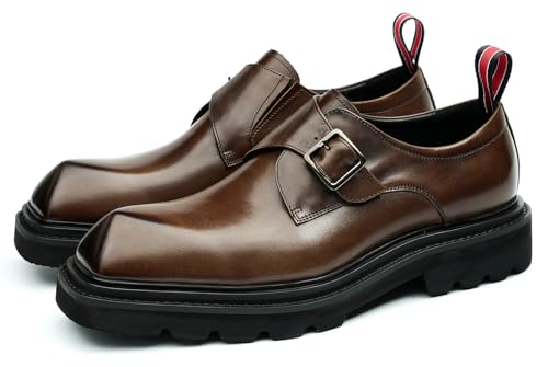 Santimon Men's Genuine Leather Monk Strap Loafers Slip-On Shoes - Single Buckle Square-Toe Mocassins with Lug Rubber Sole for Formal Business Dress Prom Wedding