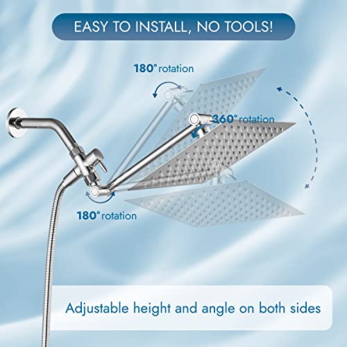 Cinwiny Rain Shower Head With Hand Held Sprayer Combo Polished Chrome Wall Mounted 8" 4-Setting Shower Head With 11 Inch Extension Arm High Pressure Handheld Showerhead Set With Hose,Flow Regulator #TOP1