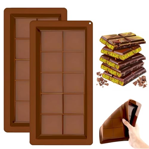 Chocolate Bar Moulds 10 Cavity Reusable Deep Silicone Chocolate Bar Sweet Moulds for Chocolates Praline Sweets (2 PCS)