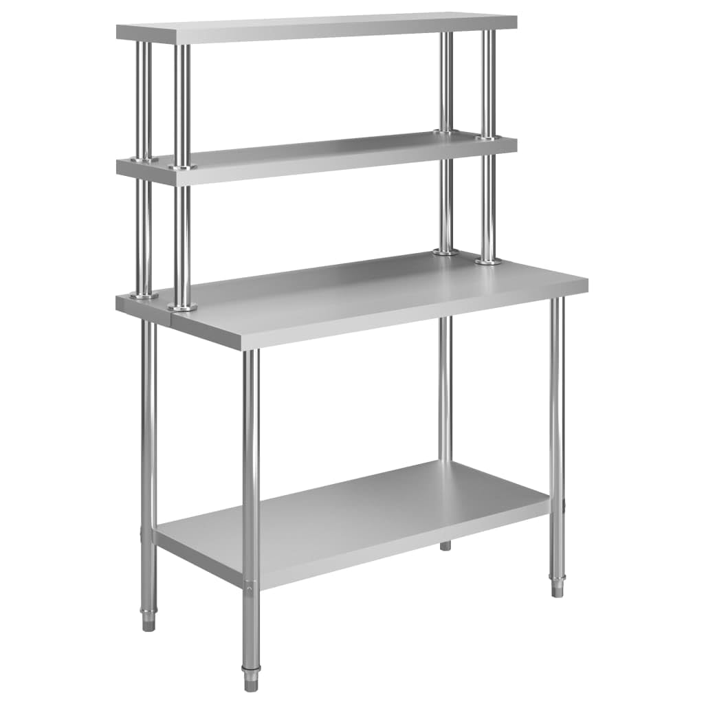 vidaXL Tavolo da Lavoro Cucina con Mensola Scaffale Ripiano Banco Credenza Buffet Dispensa Scaffalatura Bancone Cucina Mobile in Acciaio Inox