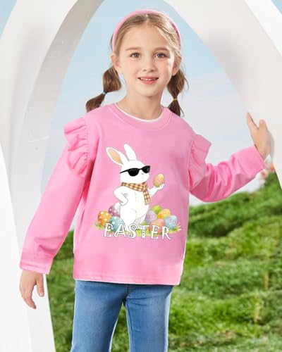 Image of Tkria Toddler Girls Happy Easter T-Shirt Bunny Eggs Ruffle Long Sleeve Shirt Kids Tee Top 2-7T
