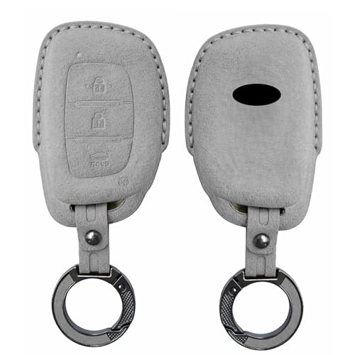 Image of KMH Alcantara Car Key Cover Compatible Hyundai Grand i10 NIOS Asta | Venue | i20 | Aura | Creta | Elantra 3 Button Shell Case Holder Key Protector Smart Keycover with Keychain (D1) Grey - Pack of 2
