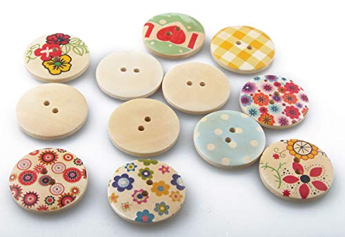 Allinone 30Pcs Assorted 2 Holes Round Flower Painted Wooden Sewing Buttons 30Mm (1.18") #TOP3