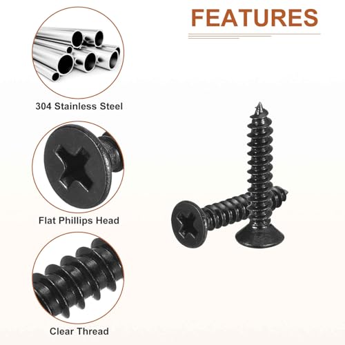 Image of DTGN 200Pcs #4x5 /8 inch Flat Head Wood Screws, 304 Stainless Steel Phillips Self Tapping Screws - Good for Woodworking, Furniture - Black