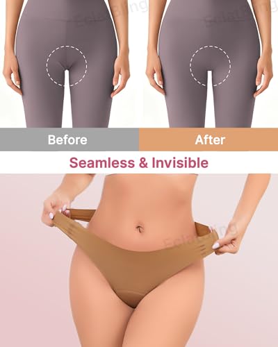 Image of Seamless Workout Thongs for Women - No Show Womens Underwear with Wide Gusset Invisible Panties Nude&Black 2 Pack