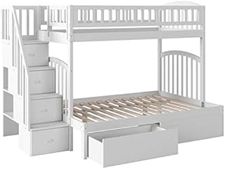 Pemberly Row Traditional Wood Staircase Storage Bunk Twin Over Full in White