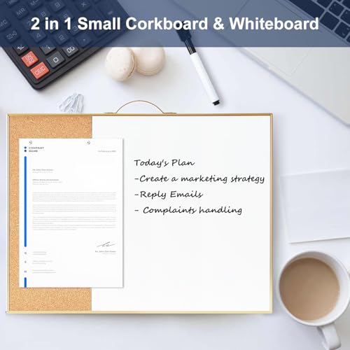 Image of Small Cork Board Whiteboard Combo - 12 inch X 16 inch Portable Aluminum Gold Framed Magnetic Dry Erase Board for Wall, Mini Bulletin CorkBoard with a Handle for Office, Home and School