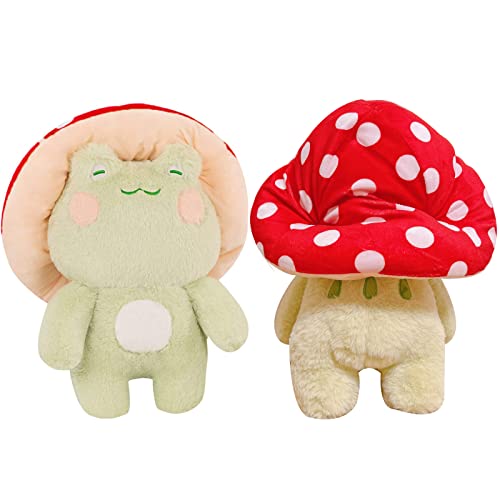 Image of XSHYE Frog Plush 10" Cute Frog Mushroom Hat Stuffed Animals Kawaii Plush Toys Throw Pillow Home Room Decor Aesthetic Gift