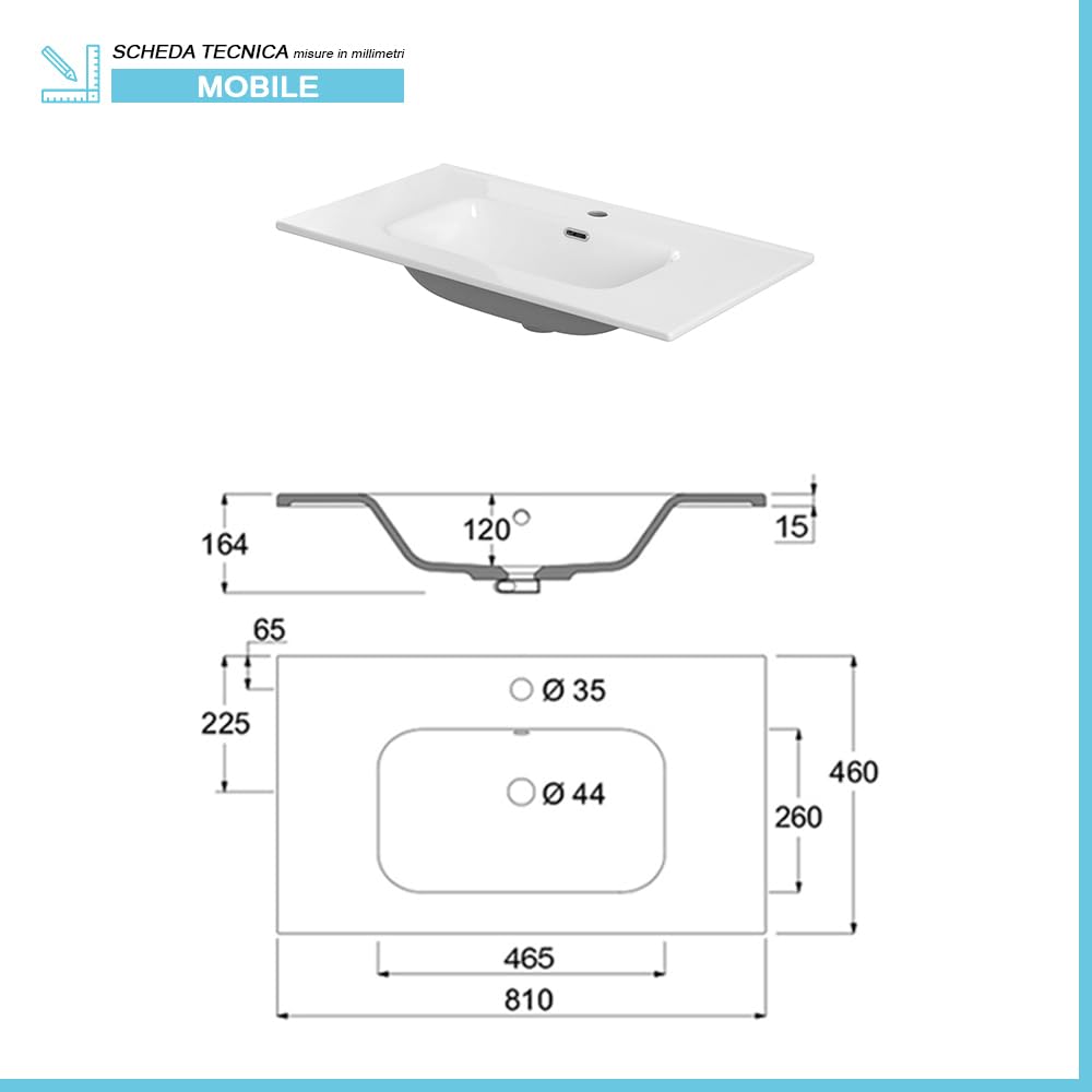 Inbagno Mobile Bagno sospeso 80 cm, Bianco Lucido 2 cassetti, Completo di lavabo e Specchio