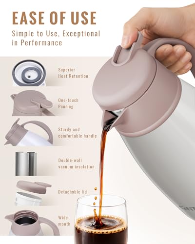 Image of GiNT Thermal Coffee Carafe 51 Oz, Stainless Steel Insulated Beverage Server with Easy-Clean Detachable Lid, Leak-Proof One-Hand Pour Large Dispenser for Hot Drinks and Coffee Pot for Home Office