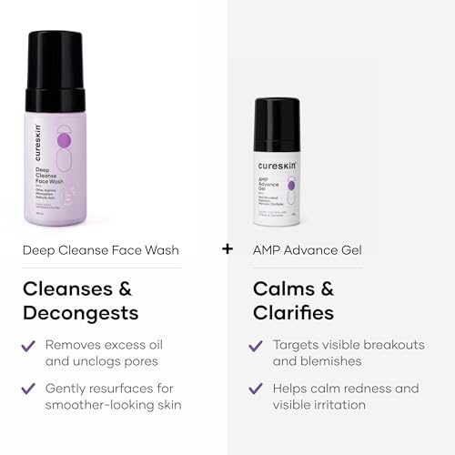 Image of Cureskin Acne Control Combo | Salicylic Acid 2% Deep Cleanse Face Wash 100 ml + AMP Advance Acne Gel 15 g | Clears Pimples, Unclogs Pores & Controls Oil | For Oily & Acne-Prone Skin